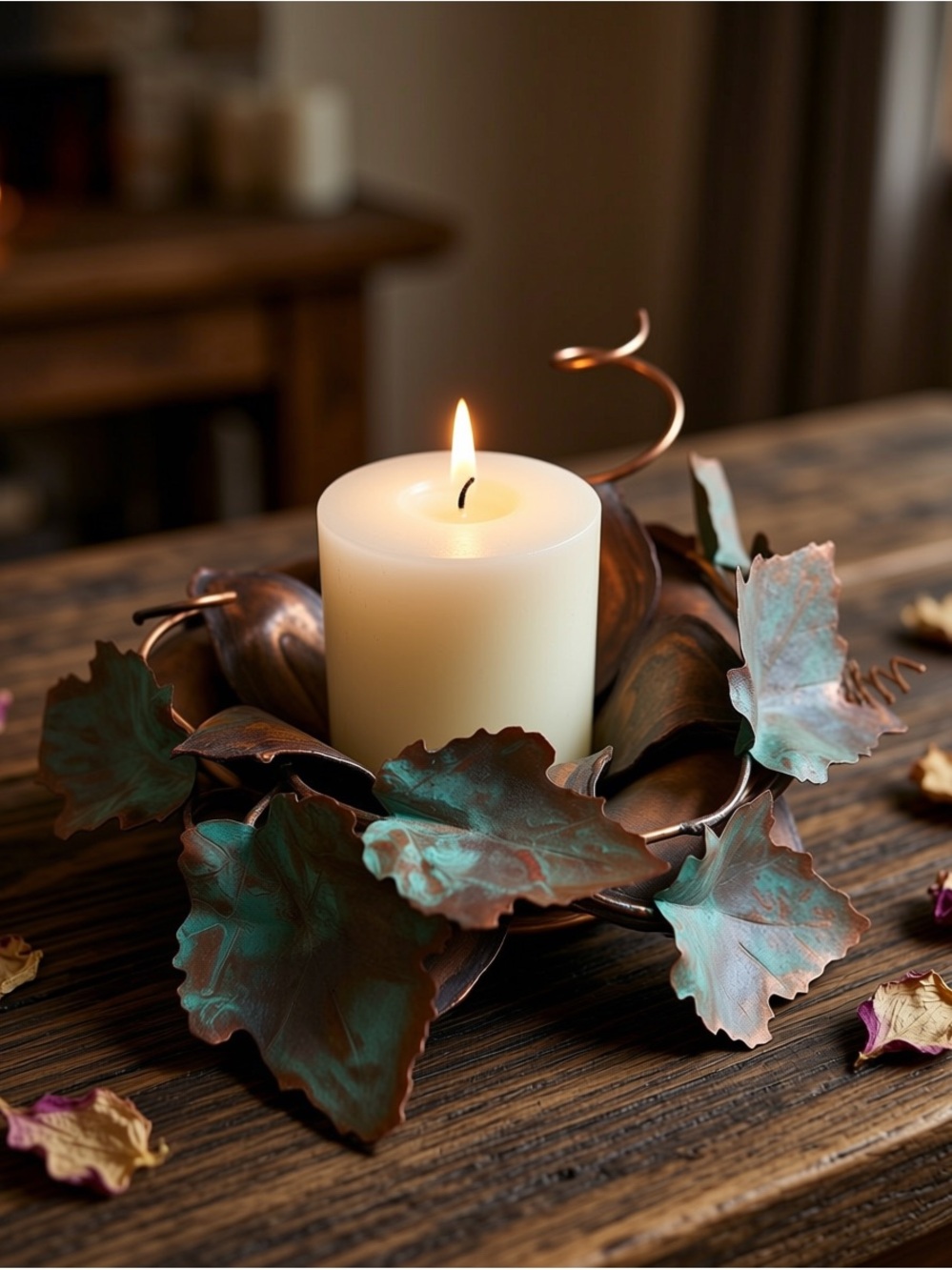 Vintage Copper Grapevine Leaf Tray or Candle Holder Comes with Vintage Grapes